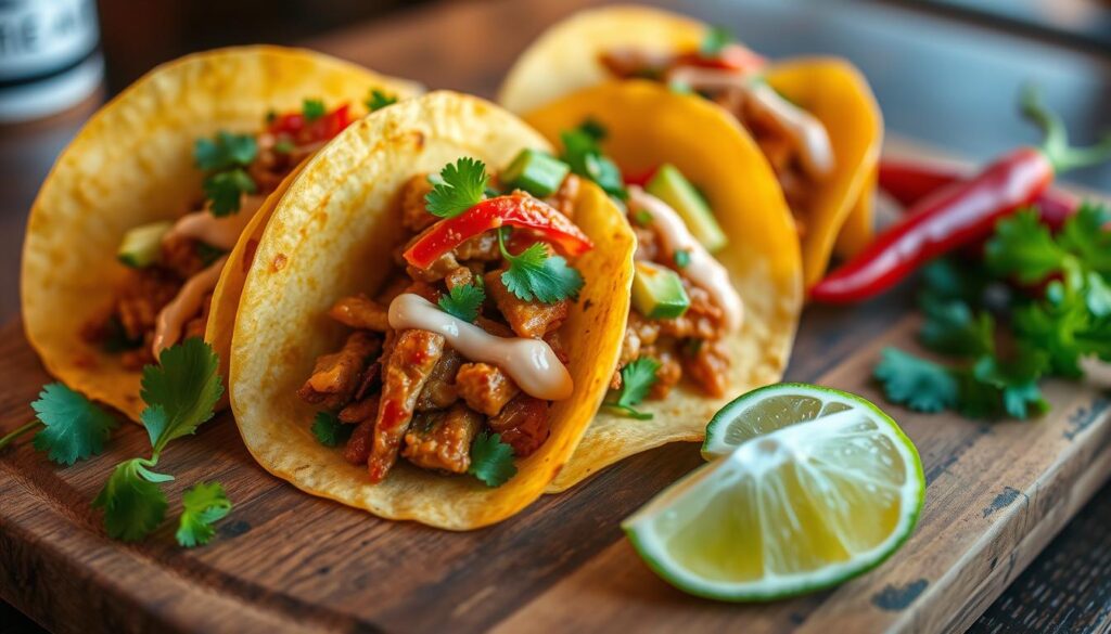 Fusion tacos Singapore: A vibrant culinary intersection. Crisp, golden taco shells filled with an eclectic blend of Asian-inspired ingredients - sizzling pork belly, tangy kimchi, creamy avocado, and a drizzle of sriracha aioli. Presented on a rustic wooden board, the tacos are framed by colorful, fresh garnishes - fragrant cilantro, zesty lime wedges, and vibrant red chili peppers. The scene is bathed in warm, golden light, casting a cozy, inviting atmosphere. A fusion of flavors and cultures, these tacos embody the dynamic and diverse food scene of Singapore.