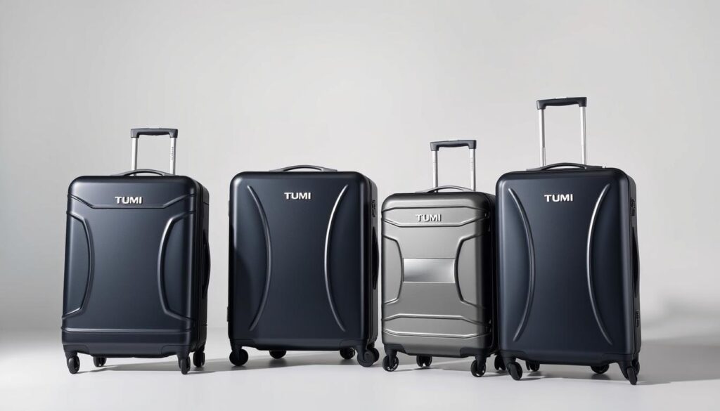 High-end luxury hardside suitcases, crafted with premium materials and sleek, modern designs. Showcased in a well-lit, minimalist studio setting with a neutral backdrop, allowing the suitcases to take center stage. The cases feature clean lines, sharp edges, and a glossy, polished finish that reflects the lighting. Subtle branding elements, such as discreet logos or nameplates, add an air of exclusivity. The arrangement creates a sense of sophistication and understated elegance, befitting the TUMI brand's reputation for quality and style.