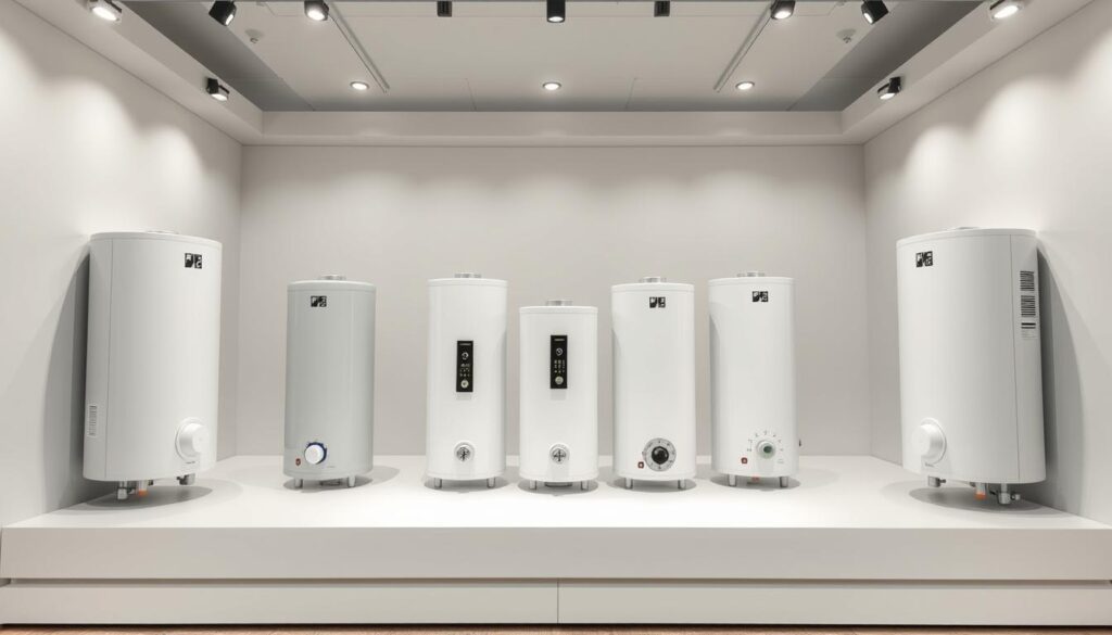 High-quality image of a comparative display featuring multiple models of electric water heaters, showcased in a well-lit, clean, and modern interior setting. The heaters are arranged neatly on a sleek, minimalist table or shelf, with ample space between each unit to allow for clear visibility. The lighting is soft and diffused, creating an even, natural-looking illumination that highlights the details and features of the water heaters. The camera angle is slightly elevated, providing a comprehensive and unobstructed view of the entire display. The overall mood is professional, informative, and visually appealing, suitable for inclusion in a product comparison article.