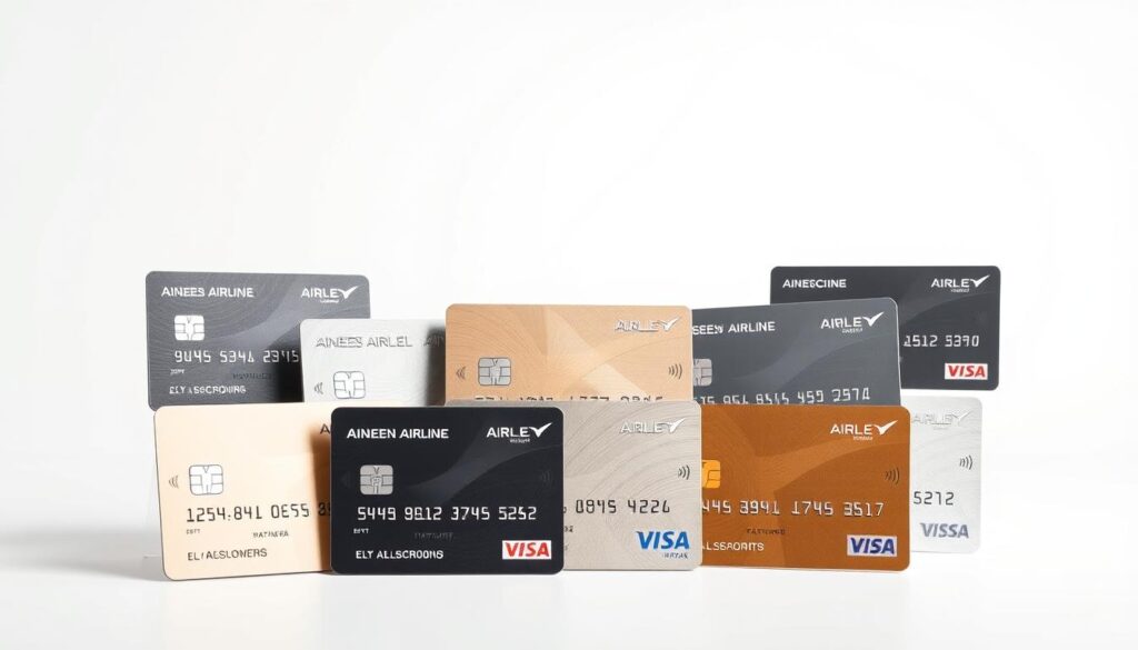 High-resolution image of an elegant arrangement of premium credit cards featuring airline loyalty programs, captured in a clean and modern studio setting. The cards are displayed against a minimalist white background, with soft, directional lighting accentuating their metallic finishes and glossy surfaces. The composition features a carefully curated selection of cards, showcasing their unique designs and branding. The overall mood is one of sophistication and financial savvy, reflecting the target audience of frequent flyers and discerning consumers.