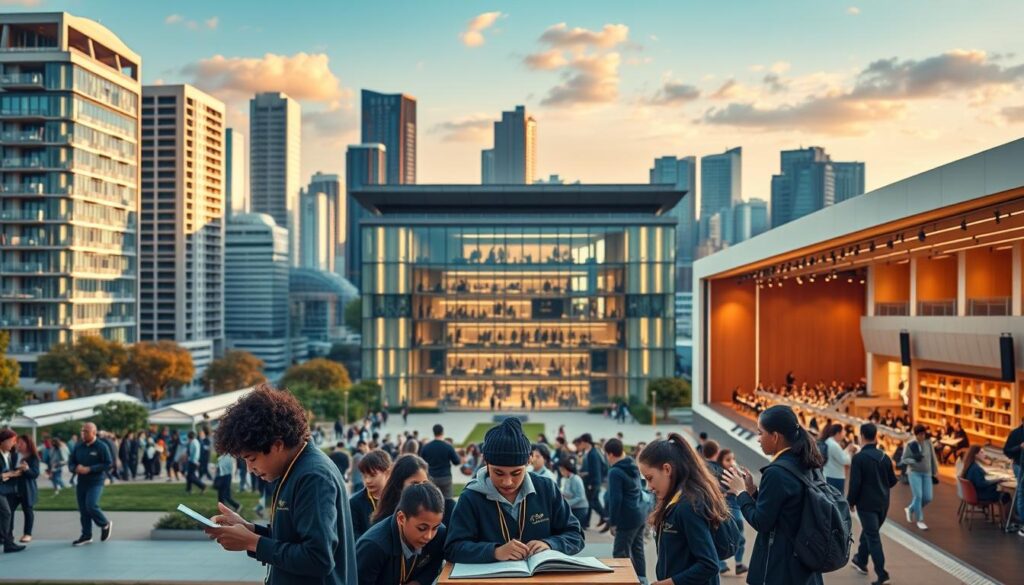 Integrated programme schools, a world of enrichment and possibilities. A grand, modern campus set against a vibrant cityscape, with diverse students engaged in dynamic learning. In the foreground, a group of students in uniforms collaborate on a STEM project, their faces alight with curiosity. The middle ground showcases a state-of-the-art library, filled with knowledge and technology. In the background, a performing arts center exudes an air of creativity, with students rehearsing on stage. Warm, natural lighting casts a welcoming glow, and the composition captures the seamless integration of academics, extracurriculars, and personal growth that defines these exceptional institutions.