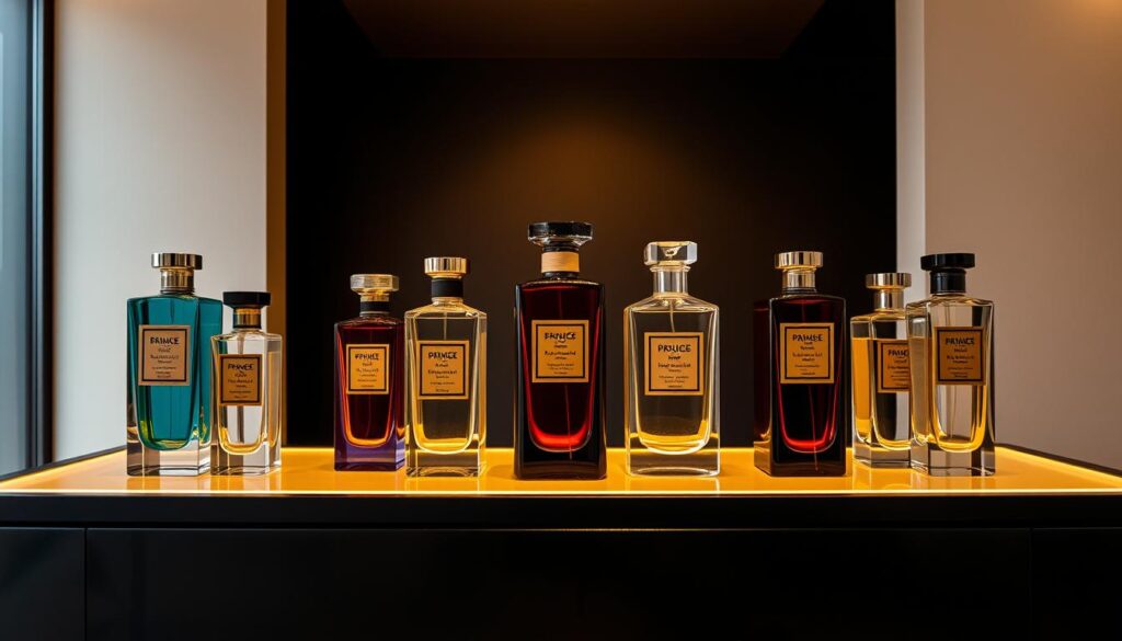 Lush, jewel-toned glass bottles adorn a sleek, modern display, showcasing the captivating fragrances of a niche perfumery. Soft, warm lighting casts a golden glow, highlighting the intricate designs and rare essences within. The bottles stand atop a dark, polished surface, creating a sense of sophistication and exclusivity. In the background, a minimalist, minimalist backdrop adds to the sense of focus on the unique scents. Delicate floral notes, exotic spices, and earthy undertones merge to evoke a sensory experience that transports the viewer to a world of refined, one-of-a-kind fragrances.