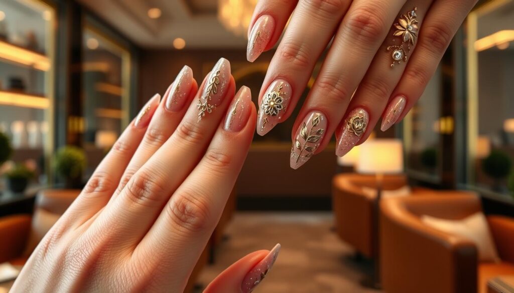 Luxury nail art Singapore: Delicate fingertips adorned with intricate designs, shimmering in the soft, warm lighting of an upscale salon. Intricate floral patterns, delicate gold leaf accents, and prismatic crystals elegantly cascade across the nails, creating a captivating and opulent display. The manicurist's skilled hands meticulously craft each masterpiece, transforming the ordinary into the extraordinary. A serene, tranquil atmosphere envelops the scene, with plush leather chairs and minimalist decor providing a refined, indulgent experience. This is the epitome of elevated nail artistry, a testament to the pursuit of beauty and the art of self-care.