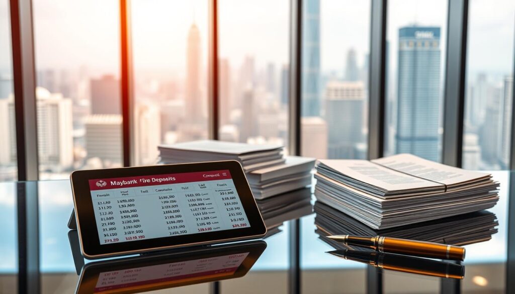 Maybank fixed deposit rates, displayed on a sleek glass desk in a modern office setting. The foreground features a tablet or digital display showcasing the various interest rates and investment terms. The middle ground has stacks of crisp, white bank documents and a fountain pen, conveying professionalism and attention to detail. The background depicts floor-to-ceiling windows overlooking a bustling city skyline, bathed in warm, natural lighting. The overall atmosphere is one of financial stability, trustworthiness, and sophisticated banking services.