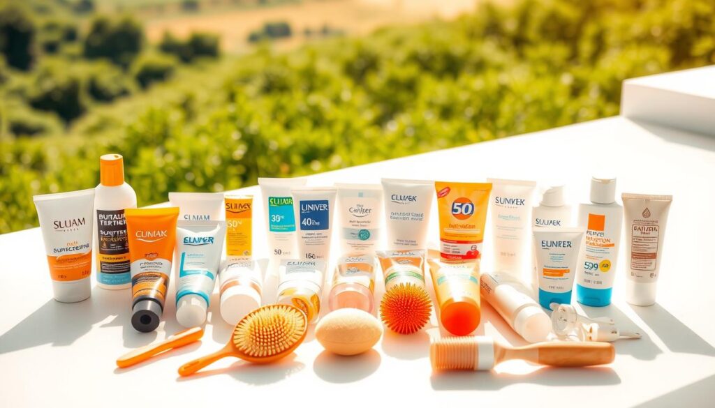 Outdoor sunscreens, laid out on a pristine white surface, bathed in warm, natural lighting. In the foreground, various tubes and bottles of different sizes and shapes, each showcasing their unique packaging designs. The middle ground features an array of sunscreen application tools, such as sponges, brushes, and rollers, hinting at the diverse ways to apply sun protection. In the background, a softly blurred landscape of lush greenery and a bright, cloudless sky, evoking a sense of outdoor adventure and the need for reliable sun defense. The overall composition conveys a clean, minimalist aesthetic, emphasizing the importance of sun safety for active lifestyles.