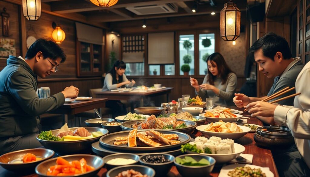 Prompt A cozy, family-run Korean BBQ restaurant with an intimate, warm atmosphere. The foreground features a table set with sizzling meats, fresh vegetables, and an array of banchan side dishes. In the middle ground, customers are gathered around the table, eagerly assembling their own DIY sushi rolls from a selection of fresh fish, rice, and nori. The background showcases the restaurant's rustic, wooden decor, with hanging lanterns casting a soft, ambient glow. The overall scene conveys a sense of homely hospitality and the joy of shared culinary experiences.