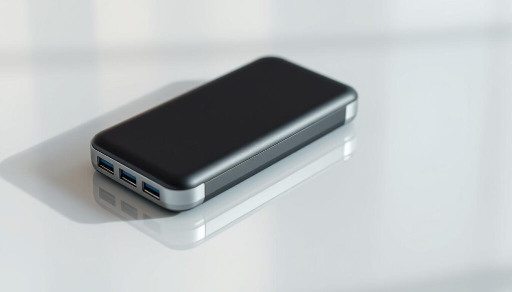 Prompt A sleek, modern magnetic power bank resting on a glossy, reflective surface. The device is encased in a matte black shell, accented with metallic trim. The power bank's surface is dotted with discreet charging ports, giving it a minimalist, high-tech aesthetic. Soft, directional lighting casts gentle shadows, highlighting the power bank's clean lines and sturdy build. The image conveys a sense of reliable, portable power at your fingertips, perfect for on-the-go device charging.