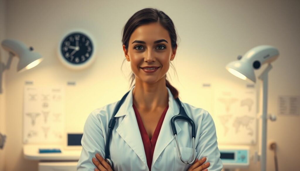 Prompt A woman in a white lab coat standing confidently, her expression conveying expertise and compassion. She is surrounded by medical equipment and diagrams, suggesting a well-equipped gynecological clinic. The lighting is warm and professional, highlighting her attentive gaze and the seriousness of her role as a qualified women's health specialist. The background is clean and minimalist, placing the focus on the doctor and the tools of her trade. The overall impression is one of trust, competence, and a commitment to providing exceptional gynecological care.