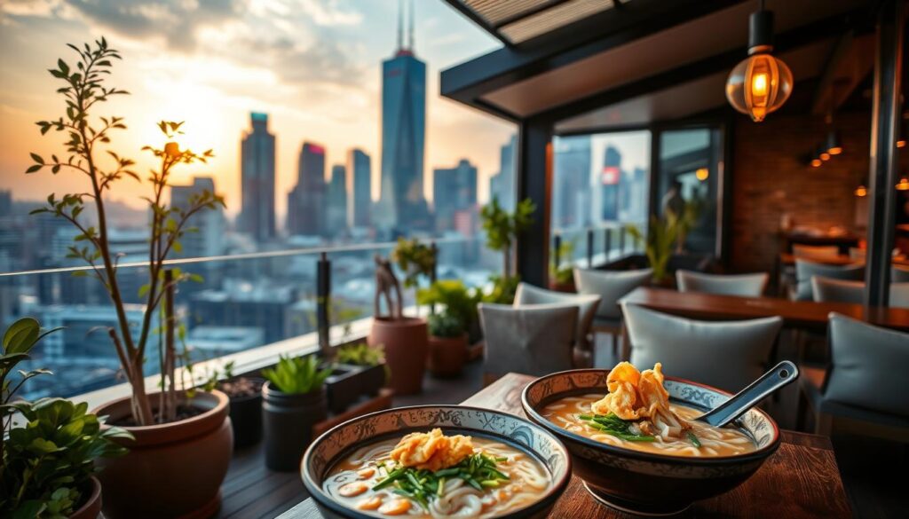 Scenic rooftop udon dining in the heart of the city, with a panoramic view of the glittering skyline. In the foreground, a cozy table setting with steaming bowls of udon noodles, garnished with fresh scallions and delicate tempura. Soft, diffused lighting casts a warm, inviting glow over the scene. The middle ground features lush greenery, potted plants, and wooden accents that create a tranquil, nature-inspired ambiance. In the background, the skyscrapers of the city shimmer under the setting sun, their reflections dancing on the glass surfaces. The atmosphere is one of peaceful respite, where diners can savor the flavors of traditional Japanese cuisine while taking in the breathtaking urban landscape.