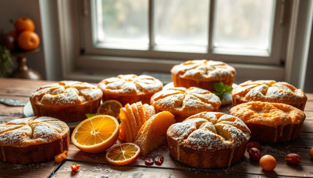 Seasonal fruit cakes arranged on a rustic wooden table, with vibrant citrus slices, dried apricots, and a dusting of powdered sugar. The cakes have a warm, golden crust and a moist, crumbly texture, reflecting the season's bounty. Soft, diffused lighting from a large window creates a cozy, inviting atmosphere, casting gentle shadows that accentuate the cakes' intricate shapes and patterns. The overall scene evokes a sense of comfort, tradition, and the fleeting nature of seasonal delights.