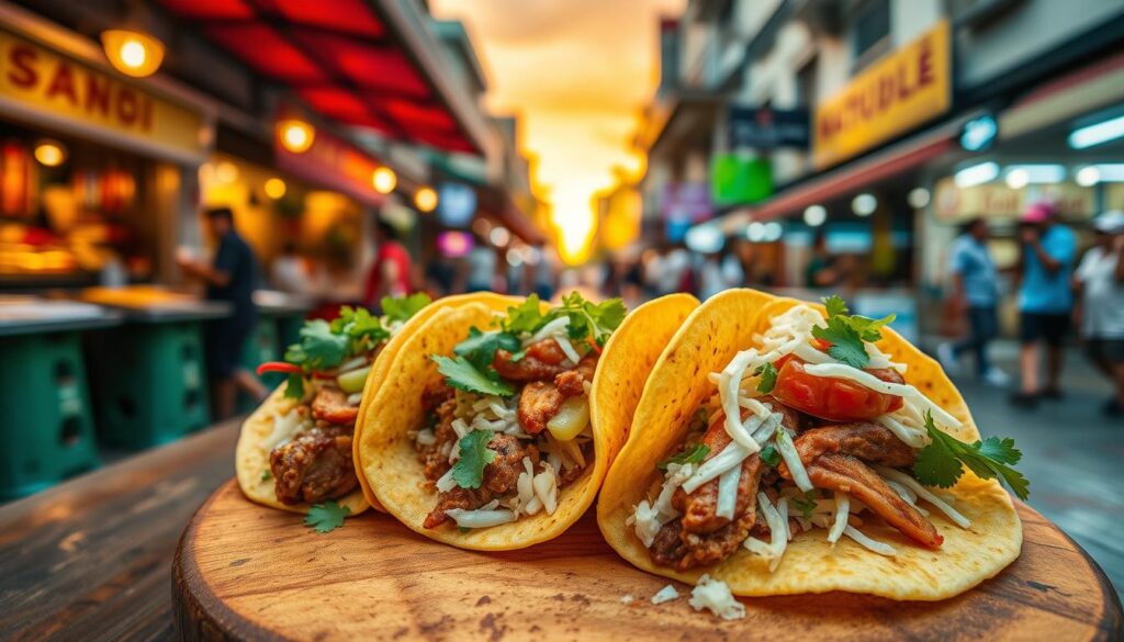 Signature tacos Singapore: a mouthwatering vision of crisp, golden taco shells filled with tender meat, vibrant vegetables, and a symphony of bold, authentic flavors. In the foreground, the tacos are presented on a rustic wooden board, the fillings spilling out invitingly. The middle ground showcases the diverse ingredients - sizzling carne asada, tangy lime-marinated cabbage, and a creamy, spicy salsa. Behind, the bustling streets of Singapore's vibrant hawker centers provide a lively backdrop, with the warm, golden glow of sunset casting a dreamy, tantalizing atmosphere. Captured with a wide-angle lens, the image offers a captivating, immersive perspective, inviting the viewer to savor the signature taste of these exceptional tacos.
