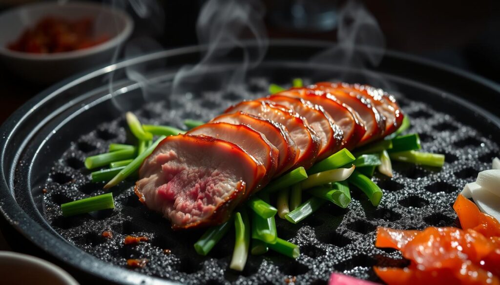 Sliced ox tongue sizzling on a cast-iron Korean BBQ grill, glistening with a caramelized glaze. The tender, pink meat rests atop a bed of vibrant green scallions, their aroma mingling with the smoky charcoal aromas. Bright red kimchi and pickled daikon add pops of color and tangy flavor to the scene. Dramatic low-angle lighting casts dramatic shadows, evoking the special occasion vibe of an intimate KBBQ feast. The image exudes the mouthwatering anticipation of savoring this premium Korean delicacy.