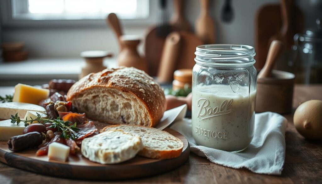 Sourdough pairings and storage: a rustic still life. In the foreground, a wooden board displays an assortment of artisanal cheeses, cured meats, and fragrant herbs. Beside them, a crusty loaf of sourdough bread sits atop a linen cloth, its crust glistening under warm, directional lighting. In the middle ground, a glass jar filled with bubbling sourdough starter takes center stage, surrounded by kitchen tools and ingredients. The background fades into a cozy, minimalist kitchen setting, with a hint of natural light streaming through a window. The overall mood is one of simple pleasures, inviting the viewer to savor the perfect pairing of sourdough and its complementary flavors.