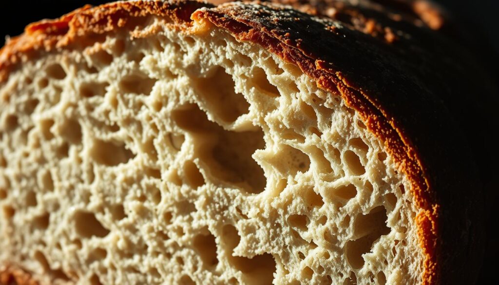 Sourdough texture and crust: a close-up view of a freshly sliced artisanal loaf, capturing the intricate web of air pockets and the deep, golden-brown crust. Soft, spongy crumb with visible gluten strands reflecting the bread's slow fermentation. Warm, mouthwatering aroma fills the frame, enticing the viewer. Dramatic side lighting casts dramatic shadows, accentuating the crusty exterior and the crumb's chewiness. Shot with a macro lens to highlight the bread's tactile qualities, the image evokes the sensory experience of tearing into a perfectly baked sourdough.
