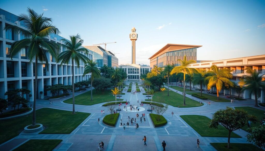 Sprawling Singapore Polytechnic campus, with its sleek modern buildings and lush greenery. Wide pathways lead through the spacious grounds, lined with towering palm trees and well-manicured gardens. In the foreground, students gather around the central courtyard, chatting and studying under the warm, golden sunlight. The middle ground features several distinctive academic blocks, their angular facades and glass curtain walls reflecting the sky. In the distance, the iconic campus clocktower rises above, its chimes echoing across the tranquil scene. The overall atmosphere conveys a sense of vibrant academic activity and technological innovation, befitting Singapore's leading polytechnic institution.