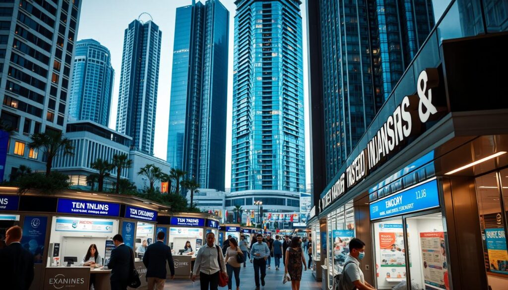 Trusted currency exchange spots in a bustling urban setting, with modern high-rise buildings in the background. In the foreground, various exchange booths and counters are neatly arranged, staffed by attentive attendants. The lighting is warm and inviting, creating a welcoming atmosphere. The scene conveys a sense of security and reliability, with discreet security measures in place. The counters feature clear signage, exchange rates, and a variety of currencies on display. Pedestrians move confidently through the area, carrying out their financial transactions with ease and confidence.