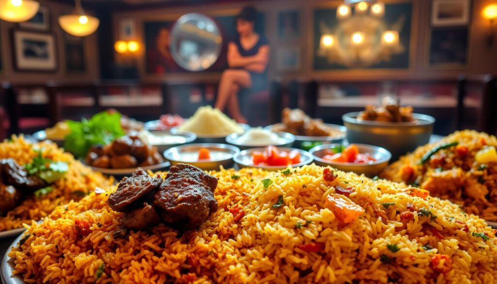 Unique biryani variations: A vibrant tableau of aromatic basmati rice, tender meats, and colorful accompaniments. In the foreground, a diverse array of biryani dishes - lamb, chicken, and vegetable - each with its distinct blend of spices, herbs, and signature touches. In the middle ground, an assortment of chutneys, raitas, and pickles in vivid hues, adding depth and complexity to the flavors. The background features a dimly lit, cozy restaurant setting, with warm lighting casting a soft glow over the scene. The overall mood is one of culinary exploration, inviting the viewer to immerse themselves in the rich tapestry of these unique biryani creations.