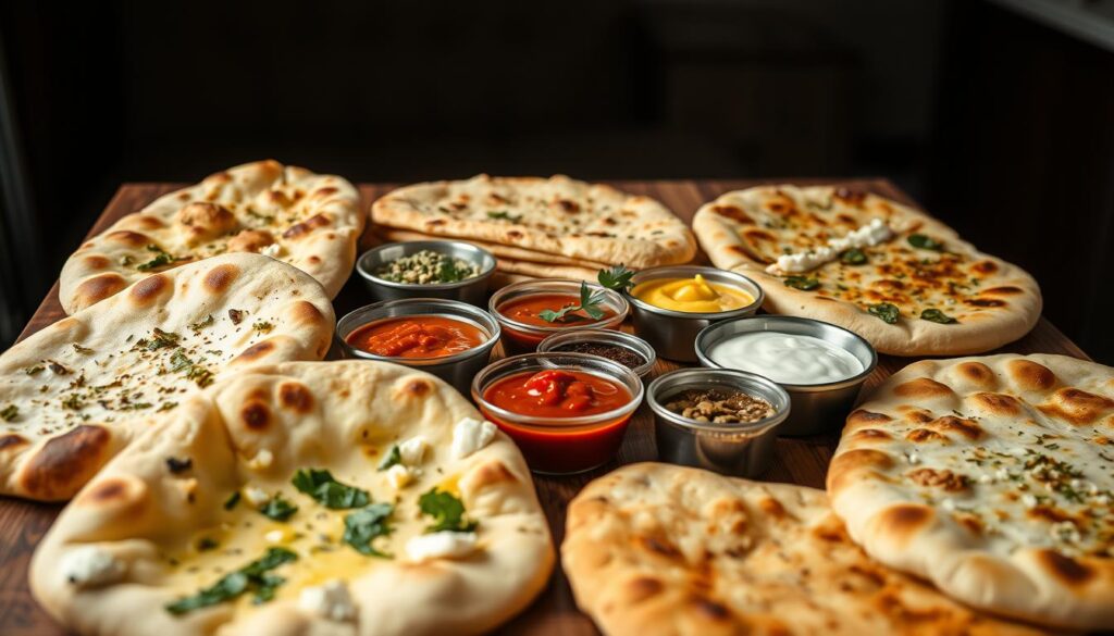 Vegetarian naan options on a wooden table, beautifully arranged. In the foreground, freshly baked naan breads in various shapes and sizes, with toppings like garlic, spinach, and paneer. The middle ground features an assortment of dipping sauces and chutneys, their vibrant colors adding to the visual appeal. The background is softly lit, creating a warm, inviting atmosphere, with a hint of spices and herbs wafting through the air. The overall composition exudes a sense of authenticity and culinary craftsmanship, showcasing the diverse and delectable vegetarian naan options available.
