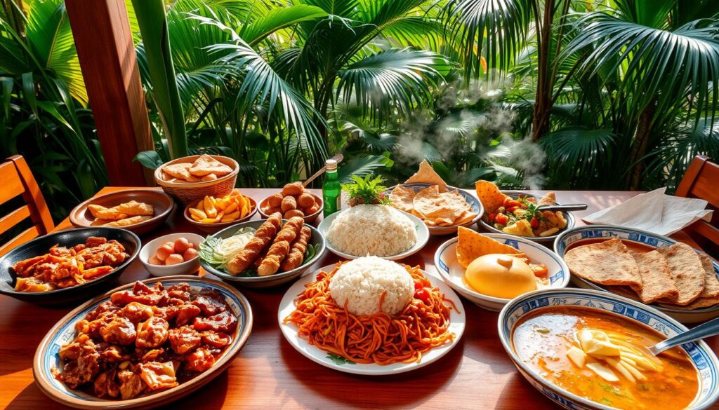 Vibrant assortment of signature Malaysian dishes arranged on a wooden table, bathed in warm, natural lighting. In the foreground, sizzling rendang, fragrant nasi goreng, and colorful laksa. In the middle, steaming satay with peanut sauce, fragrant nasi lemak, and crispy roti canai. In the background, a lush tropical foliage setting, hinting at the rich culinary heritage of Malaysia. Captured with a wide-angle lens to showcase the full spread, the image exudes an inviting, mouthwatering atmosphere, capturing the essence of must-try Malaysian cuisine.