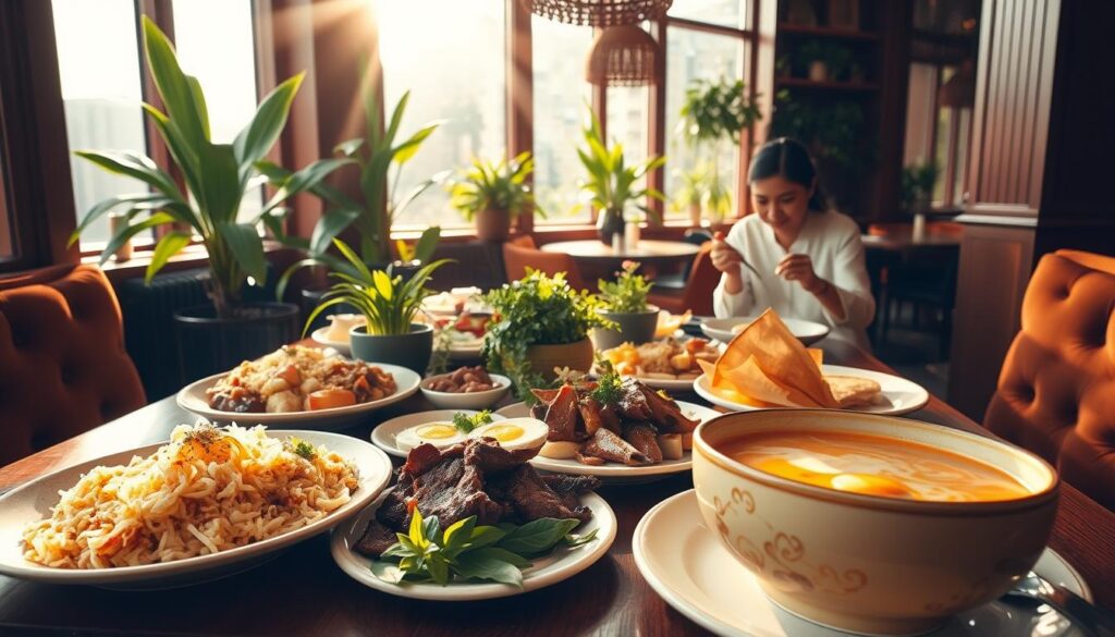 Vibrant fusion feast set against a warm, cozy interior. A table laden with mouthwatering dishes - aromatic nasi goreng, tender beef rendang, crispy roti canai, and a creamy, decadent bowl of laksa. Sunlight streams through large windows, casting a golden glow on the scene. Lush, verdant plants dot the space, adding pops of color. Wooden accents and plush, inviting seating create a welcoming, homely ambiance. Diners savor each bite, relishing the perfect balance of familiar and novel flavors that define Singapore's unique culinary heritage.