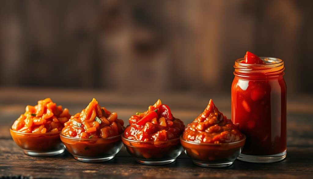 Vibrant, textured sambal sauces in an artful display, each level of spice intensity represented by a distinct dollop. Warm, earthy tones create an inviting, rustic atmosphere. Captured in soft, diffused lighting that accentuates the intricate blend of chili peppers, shallots, and aromatics. The composition emphasizes the dynamic range, from mild to fiery, drawing the viewer's gaze through the gradients of red, orange, and crimson. A sense of depth and balance, with the sauces elegantly presented on a wooden surface, conveying the authentic flavors of Ayam Penyet Singapore.