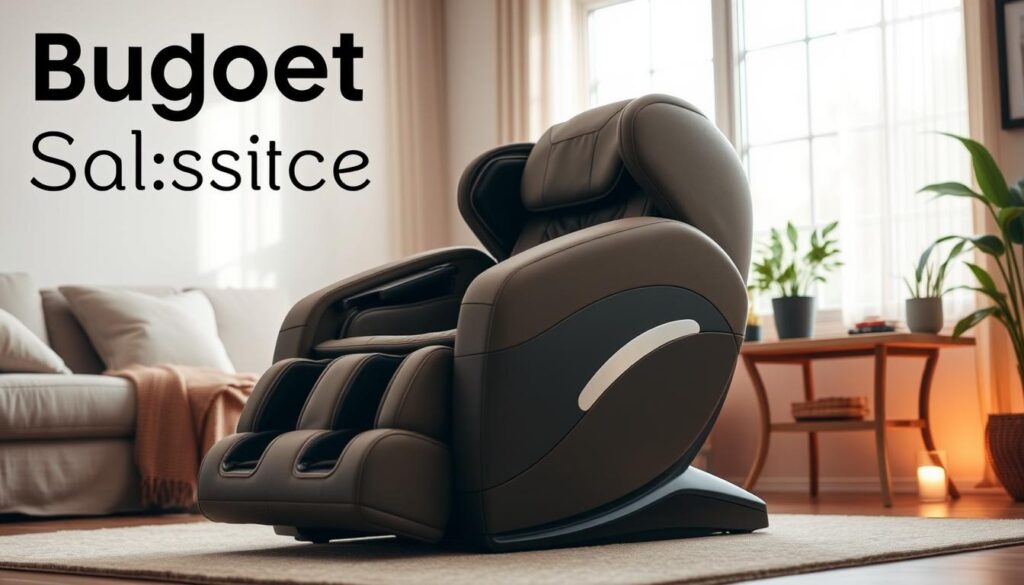 a budget massage chair in a cozy home interior, natural lighting from a large window, soft ambient lighting, plush upholstery in a muted color palette, simple yet elegant design, positioned in a comfortable living room setting with minimal decor, angled view to showcase the chair's features, details like buttons, controls, and massage mechanisms visible, an inviting and relaxing atmosphere that conveys the idea of an affordable but high-quality massage experience.