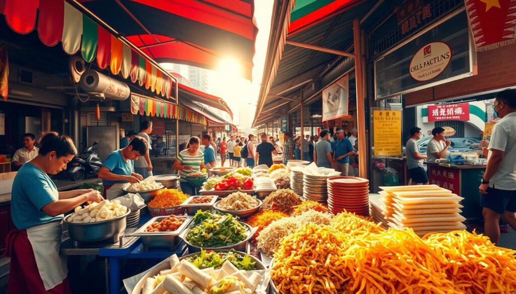 a bustling open-air market in Singapore, with traditional popiah stalls lining the streets. In the foreground, colorful awnings shade the stalls, where skilled cooks deftly assemble fresh popiah rolls. The middle ground showcases the diverse array of fillings - shredded vegetables, crispy fried shallots, and savory sauces. In the background, a vibrant mix of shoppers and local vendors create a lively, authentic atmosphere. Warm sunlight filters through the scene, casting a golden glow and highlighting the textures of the ingredients. The overall composition conveys the rich history and cultural heritage of this beloved Singaporean street food.