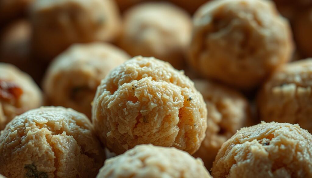a close-up macro photograph of handmade fishballs, textured with a rough, homemade appearance, shot in warm, soft lighting that casts gentle shadows, capturing the intricate details and uneven surfaces of the artisanal fishballs, conveying a sense of craftsmanship and authenticity, set against a blurred, slightly out-of-focus background to emphasize the tactile quality of the fishballs