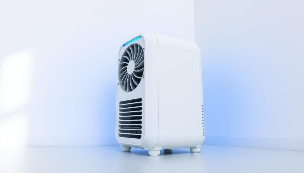 a compact cooling unit with a sleek, modern design, set against a minimalist background. the unit features a cylindrical shape with a front-facing fan and a discreet air intake at the back. the cooling system is highlighted by a soft blue LED light that creates a calming, ambient atmosphere. the overall aesthetic is clean and functional, suitable for small spaces such as home offices or compact living rooms. the image is captured from a low angle, emphasizing the unit's compact size and efficient form factor. the lighting is natural and diffused, creating a soft, even illumination that enhances the product's visual appeal.