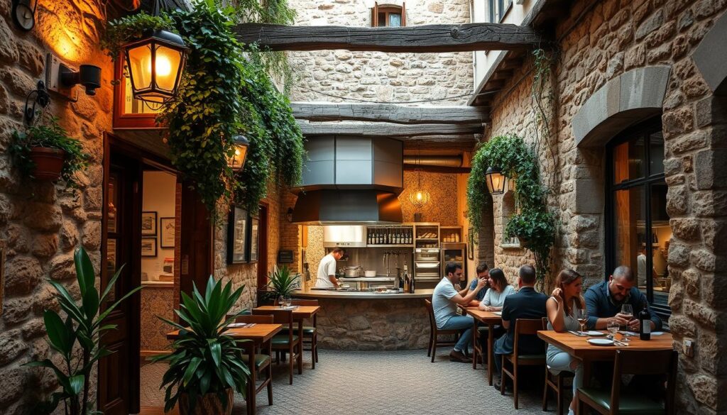 a cozy and intimate Mediterranean restaurant nestled in a charming alleyway, with a rustic exterior of stone and wood. The entrance is adorned with lush greenery and warm lighting, creating an inviting atmosphere. Inside, the dining area features intricate tile work, exposed beams, and a central open kitchen where chefs prepare authentic Mediterranean dishes. Patrons sit at wooden tables, sipping on fine wines and enjoying the sights and sounds of the bustling kitchen. The overall mood is one of relaxed elegance, transporting diners to a hidden gem on the sun-drenched shores of the Mediterranean.
