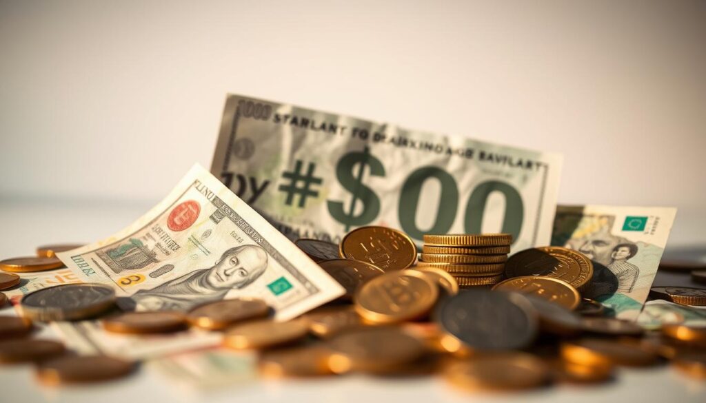 a detailed close-up view of various currency notes and coins representing popular foreign exchange trends, set against a minimalist background with a clean and modern aesthetic, showcasing the fluctuations and patterns of global currency exchange rates, with a focus on the most traded currencies, lit by warm, soft lighting from the side, creating depth and highlighting the textural details of the money, captured with a shallow depth of field and a slightly high camera angle to emphasize the subject matter