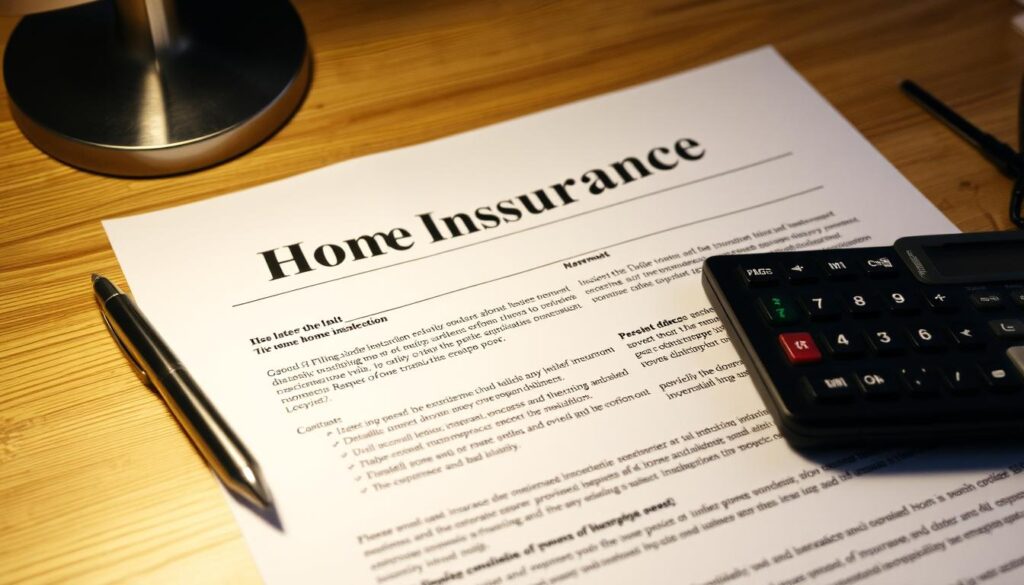 a detailed home insurance policy document lying on a wooden desk, with a pen and calculator nearby, illuminated by a warm, soft overhead light, creating a professional and informative atmosphere, capturing the essential details a homeowner should consider when selecting a comprehensive home insurance policy