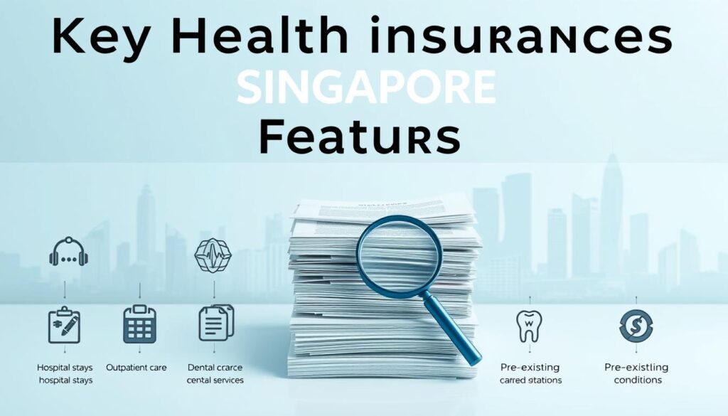 a detailed, realistic illustration of key health insurance features in Singapore, set against a clean, professional background. In the foreground, a series of icons and infographic elements clearly highlighting core benefits like coverage for hospital stays, outpatient care, dental services, and pre-existing conditions. In the middle ground, a stack of insurance documents and a magnifying glass, conveying the importance of understanding policy details. The background features a subtle Singapore cityscape with skyscrapers, showcasing the insurance industry's prominence. Lighting is soft and even, with a cool color palette suggesting a trustworthy, authoritative tone. The overall composition is balanced and visually striking, drawing the viewer's attention to the essential information. a detailed, realistic illustration of key health insurance features in Singapore, set against a clean, professional background. In the foreground, a series of icons and infographic elements clearly highlighting core benefits like coverage for hospital stays, outpatient care, dental services, and pre-existing conditions. In the middle ground, a stack of insurance documents and a magnifying glass, conveying the importance of understanding policy details. The background features a subtle Singapore cityscape with skyscrapers, showcasing the insurance industry's prominence. Lighting is soft and even, with a cool color palette suggesting a trustworthy, authoritative tone. The overall composition is balanced and visually striking, drawing the viewer's attention to the essential information.