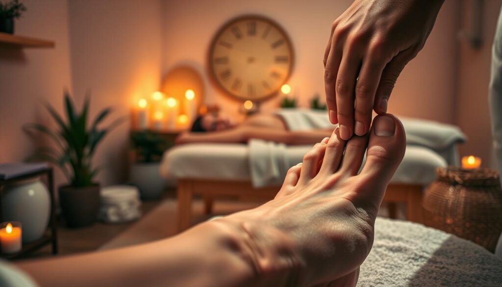 a detailed scene of a reflexology session in a cozy, dimly lit massage studio. In the foreground, a customer's feet are being massaged by a skilled therapist's hands, with a close-up view of the pressure points being worked on. The middle ground shows the rest of the customer's body relaxed on a plush massage table, surrounded by soothing candles and potted plants. The background features soft, warm lighting, creating a calming, spa-like atmosphere. The lighting is balanced, casting gentle shadows and highlights to accentuate the texture of the skin and massage techniques. The overall mood is one of tranquility and rejuvenation.
