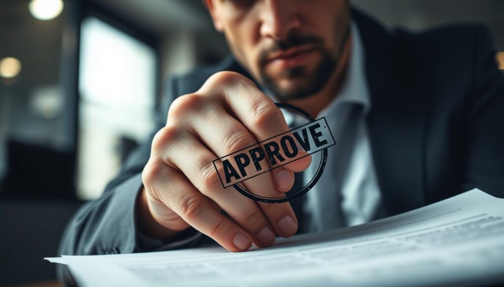 a high-contrast close-up shot of a person's hand holding a credit report and reviewing it intently, with a serious, focused expression on their face. The report has a stamp of "APPROVED" prominently displayed, indicating responsible lending practices. The background is blurred but suggests a professional office setting, with a sense of responsibility and attention to detail. The lighting is bright and directional, highlighting the importance of the credit check process. The image conveys a sense of diligence, transparency, and a commitment to responsible lending.
