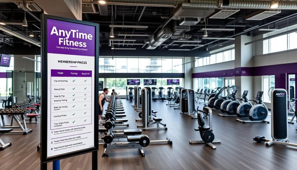 a high-quality, detailed photograph of a modern, well-equipped gym interior showcasing various membership options for Anytime Fitness in Singapore. The foreground displays a prominent membership pricing board with clear tier options and corresponding benefits, presented in a sleek, minimalist design. The middle ground features a diverse array of gym equipment and facilities, including free weights, cardio machines, and functional training zones, all captured in a bright, clean, and inviting atmosphere. The background showcases a panoramic view of the gym's spacious layout, with natural lighting streaming in through large windows, creating a sense of openness and wellness. The overall scene conveys a professional, contemporary, and motivating environment for potential Anytime Fitness members in Singapore.