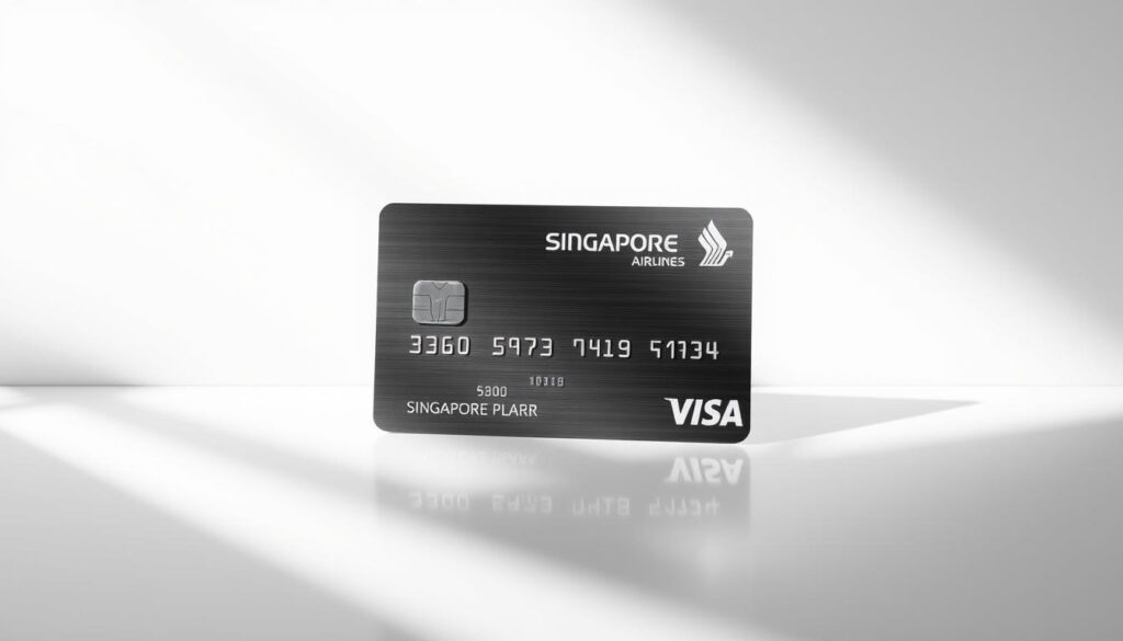 a high-quality, detailed render of a Singapore Airlines credit card, displayed in a stylish, well-lit composition. The card should be the prominent focal point, occupying the center of the frame, with a clean, minimalist background that accentuates its sleek design. The card's surface should be highly reflective, capturing the interplay of light and shadow to showcase its premium metallic finish. The card's logo, branding, and details should be clearly visible, but without any distracting text overlays. The overall mood should convey a sense of elegance, sophistication, and the luxurious experience associated with Singapore Airlines.