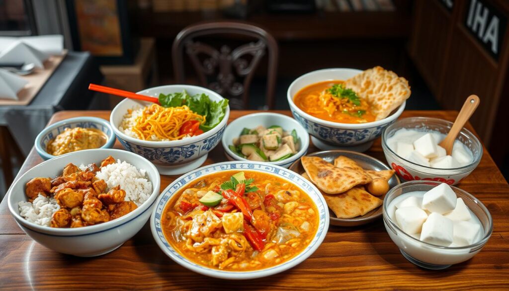 a high-quality, hyper-realistic image depicting an assortment of Singapore's iconic local dishes, including flavorful and aromatic chicken rice, spicy and tangy laksa, savory and fragrant roti prata, and sweet and creamy chendol. The dishes are arranged artfully on a wooden table, with vibrant colors and textures that showcase the richness and diversity of Singaporean cuisine. The lighting is soft and warm, creating a cozy and inviting atmosphere, as if the viewer is seated in a charming neighborhood hawker center. The image is captured from a slightly elevated angle, allowing the viewer to fully appreciate the delectable spread of Singaporean culinary delights.