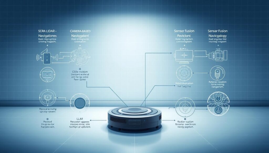 a highly detailed comparison of various navigation systems used in robot vacuum cleaners, showcased in a technical blueprint-style illustration. The foreground displays the key components of different navigation technologies, such as LIDAR, camera-based, and sensor-fusion systems, with clear labeling and visual breakdowns. The middle ground depicts a robot vacuum cleaner model, with its internal structure and navigation sensors highlighted. The background features a clean, minimalist setting with a subtle grid pattern, conveying a sense of precision and engineering. The lighting is soft and evenly distributed, emphasizing the technical nature of the subject. The overall composition and color palette evoke a professional, informative, and visually engaging illustration suitable for an article on robot vacuum cleaner navigation systems.