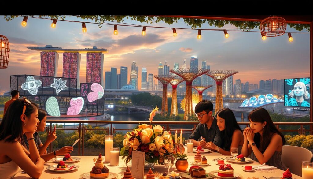 a highly detailed, photorealistic digital painting of an artistic birthday celebration in Singapore, featuring a group of people enjoying a variety of creative and immersive experiences. In the foreground, a group of friends are gathered around a long table, adorned with a stunning floral centerpiece and an array of whimsical, artisanal desserts. The middle ground showcases a series of interactive art installations, including a large-scale projection mapping display, a kinetic sculpture garden, and a live mural painting performance. In the background, the iconic Singapore skyline can be seen, with the Marina Bay Sands and Supertree Grove serving as a visually striking backdrop. The scene is bathed in warm, golden lighting, creating a sense of celebration and artistic wonder. The overall atmosphere is one of creativity, joy, and a unique Singaporean flair.