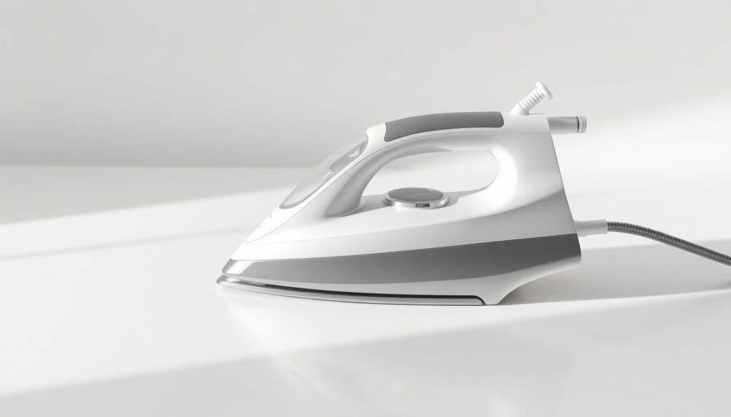 a highly detailed, photorealistic image of a ceramic soleplate steam iron in a clean, minimalist studio setting with soft, diffused lighting from the side and above, creating gentle shadows and highlights that accentuate the iron's sleek, modern design. The iron is positioned on a plain white surface, allowing the object to be the central focus. The soleplate is made of a durable, scratch-resistant ceramic material, reflecting the light beautifully. The body of the iron is a neutral, matte color, providing a perfect contrast to the shiny soleplate. The steam vents, temperature dial, and water tank are clearly visible, showcasing the key features of the steam iron. The image should convey a sense of quality, functionality, and sophistication, reflecting the section title "Key Features to Look for in a Steam Iron".