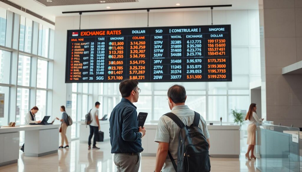 a highly detailed, photorealistic image of an exchange rate display board in a busy currency exchange office in Singapore. The board features the current exchange rates for various currencies, prominently displaying the Singapore Dollar (SGD) exchange rate. The office has a modern, sleek interior design with large windows allowing natural light to pour in, creating a warm and inviting atmosphere. The floor is made of polished marble tiles, and the walls are adorned with minimalist decor, giving the space a professional and sophisticated ambiance. In the foreground, a customer is intently studying the exchange rate board, while staff members are assisting other patrons at the counters. The scene conveys the efficiency and transparency of currency exchange services in Singapore.