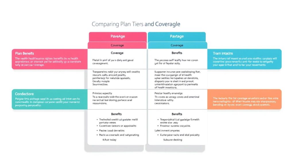 a highly detailed, realistic digital illustration of a comparison of different health insurance plan tiers, presented on a clean, minimalist background. The tiers are displayed as overlapping rectangular panels with clear delineations, showcasing the varying levels of coverage and benefits. Each tier is depicted with a distinct color scheme and visual hierarchy, allowing for easy comparison. The illustration has a professional, informative tone, with a focus on clarity and readability to support the article's subject matter. Subtle lighting and shadow effects add depth and dimension to the design. The overall composition is balanced and visually striking, making it an effective tool to illustrate the "Comparing Plan Tiers and Coverage" section. a highly detailed, realistic digital illustration of a comparison of different health insurance plan tiers, presented on a clean, minimalist background. The tiers are displayed as overlapping rectangular panels with clear delineations, showcasing the varying levels of coverage and benefits. Each tier is depicted with a distinct color scheme and visual hierarchy, allowing for easy comparison. The illustration has a professional, informative tone, with a focus on clarity and readability to support the article's subject matter. Subtle lighting and shadow effects add depth and dimension to the design. The overall composition is balanced and visually striking, making it an effective tool to illustrate the "Comparing Plan Tiers and Coverage" section.