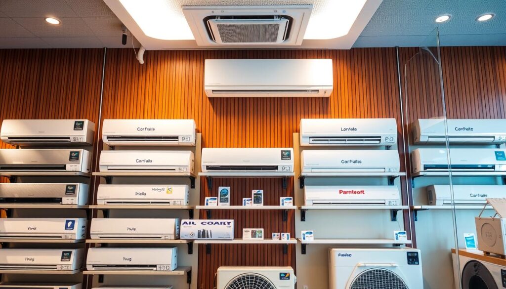 a photo of an array of the top air conditioning brands in Singapore, displayed in a modern and sleek showroom setting. The brands are arranged neatly on shelves, showcasing their distinctive logos and designs. The lighting is bright and warm, creating a welcoming atmosphere. The image has a high-quality, professional look, capturing the premium and reliable nature of these leading air conditioning brands. The background is clean and minimalist, allowing the products to take center stage.