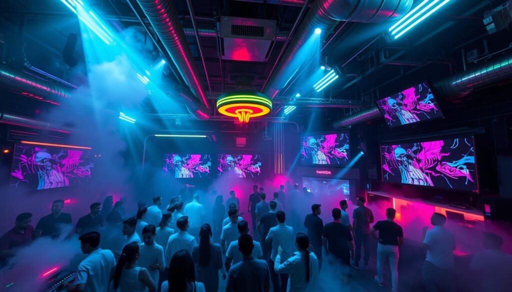 a retro-futuristic industrial techno club in Singapore, with a cavernous main dance floor illuminated by neon-colored lighting rigs and pulsing with the beat of driving basslines. Sleek chrome accents and exposed ductwork create an atmosphere of cutting-edge modernity, while vintage analog synths and vintage-styled lighting fixtures add a nostalgic, retro-futuristic vibe. Smoke machines emit hazy tendrils that drift through the crowd of dancers, their faces bathed in the glow of LED screens displaying abstract psychedelic visuals. The overall impression is one of a futuristic underground rave, blending the past and present into a unique sensory experience.