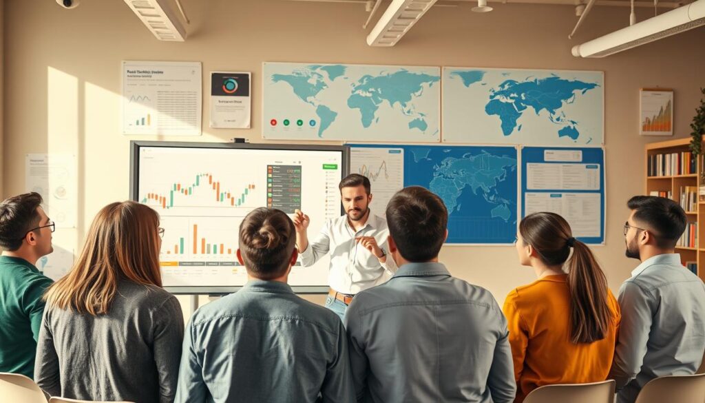 a vibrant and engaging educational scene for trading beginners, set in a modern, well-lit classroom. In the foreground, a group of students gathered around a large interactive whiteboard, intently focused on a stock chart or trading platform displayed. The students exhibit a mix of expressions, from rapt attention to thoughtful contemplation, as they engage with the material. In the middle ground, the teacher, a friendly and approachable figure, stands ready to guide and instruct, their body language conveying a sense of expertise and enthusiasm. The background features a tasteful arrangement of bookshelves, informative posters, and a large world map, creating an atmosphere of intellectual curiosity and global market awareness. The overall scene emanates a sense of discovery, learning, and the empowerment of new traders, with a warm and inviting color palette.