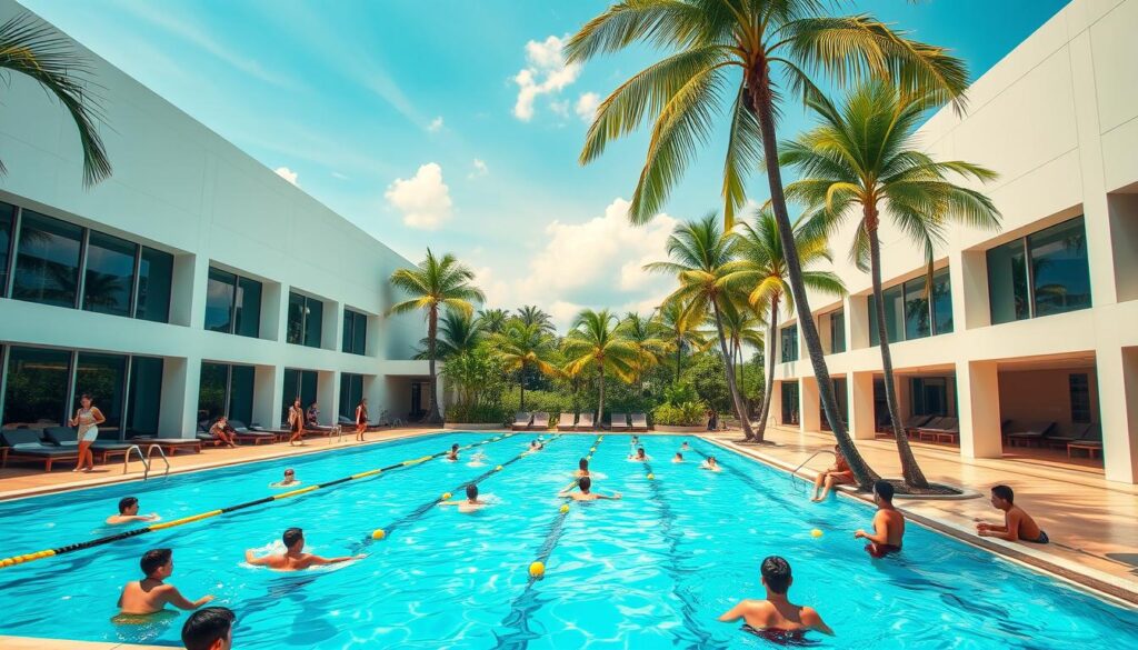 a vibrant public swimming pool in Singapore, with clear blue waters and a lush, tropical backdrop. The pool is surrounded by modern, minimalist architecture with clean lines and large windows that let in abundant natural light. People of all ages can be seen enjoying the pool, some swimming laps, others relaxing on the pool deck. The atmosphere is relaxed and serene, with palm trees swaying gently in the breeze. The scene is captured from a slightly elevated angle, using a wide-angle lens to showcase the full breadth of the pool and its surroundings. The lighting is bright and natural, creating a warm, inviting ambiance that perfectly captures the essence of a sunny day in Singapore.