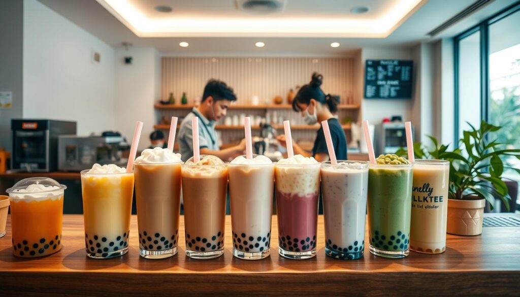 a vibrant, well-lit scene depicting an affordable bubble tea shop in Singapore, with a cozy and inviting atmosphere. In the foreground, a wooden counter showcases an array of colorful bubble tea drinks, each topped with fluffy tapioca pearls. The middle ground features a team of friendly baristas meticulously preparing the beverages, their movements captured in a dynamic, candid moment. The background reveals a minimalist, modern interior design with clean lines, pops of pastel colors, and natural lighting streaming through large windows, creating a warm and welcoming ambiance. The overall scene conveys a sense of accessibility, quality, and a celebration of the beloved bubble tea culture in Singapore.