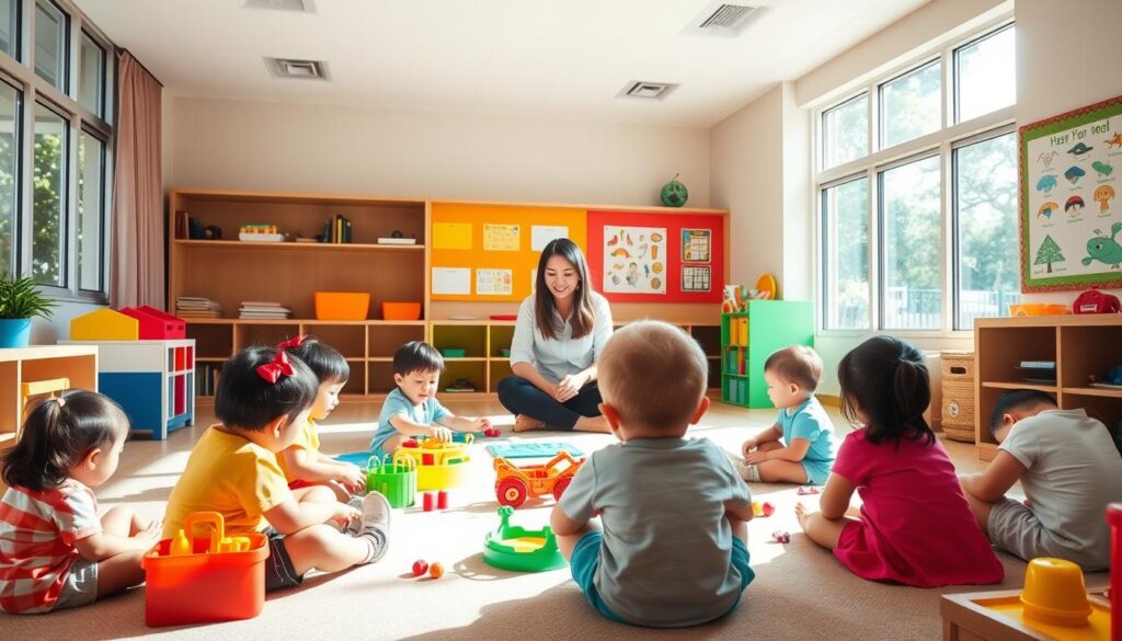 a warm and inviting early years education classroom in Singapore, filled with natural light streaming through large windows. The foreground features a group of young children sitting on the floor, engaged in hands-on learning activities using colorful educational toys and materials. The middle ground showcases the teacher, a warm and nurturing figure, guiding the students with a gentle demeanor. The background depicts brightly colored wall displays, showcasing the children's artwork and educational posters. The room has an atmosphere of exploration, creativity, and joy, reflecting the focus on holistic and engaging primary education in Singapore.
