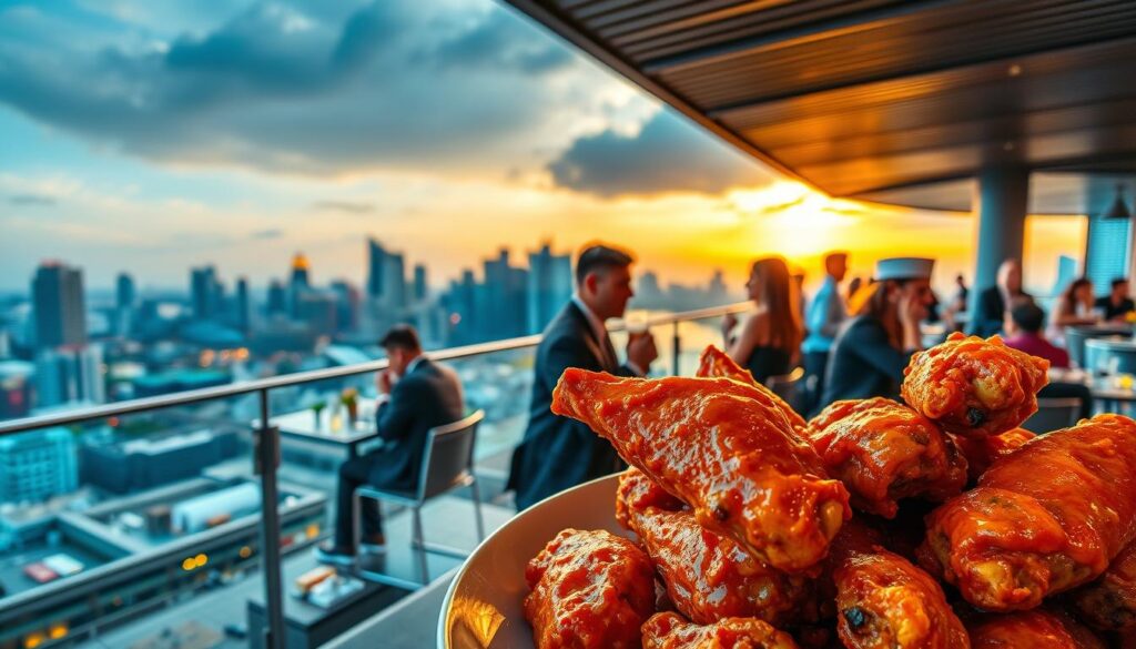 best wings with a view singapore, featuring a bustling rooftop restaurant overlooking the iconic Singapore skyline. In the foreground, a plate of glistening buffalo wings, their crispy skin and tangy sauce dripping with flavor. Mid-ground, smartly dressed diners enjoying the panoramic vistas, sipping cold drinks and engaging in lively conversation. In the background, the towering skyscrapers of the Central Business District, bathed in the warm glow of the setting sun. Capture the energy and vibrance of this urban oasis, where exceptional cuisine meets breathtaking scenery.